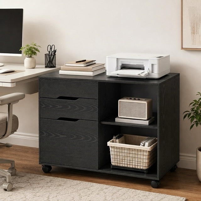 3-Drawer Rolling Filing Cabinet with Printer Stand, Mobile Office Storage Cabinet on Wheels with Locking Casters