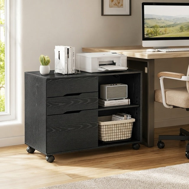 3-Drawer Rolling Filing Cabinet with Printer Stand, Mobile Office Storage Cabinet on Wheels with Locking Casters