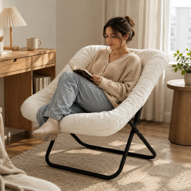 Faux Fur Disc Chair – Round Accent Chair for Bedroom & Living Room | Gray, Pink or White