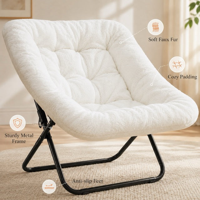 Faux Fur Disc Chair – Round Accent Chair for Bedroom & Living Room | Gray, Pink or White