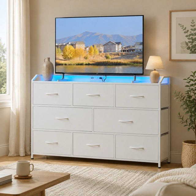 TV Stand with LED Lights & Power Outlets | 8-Drawer Fabric Storage Cabinet