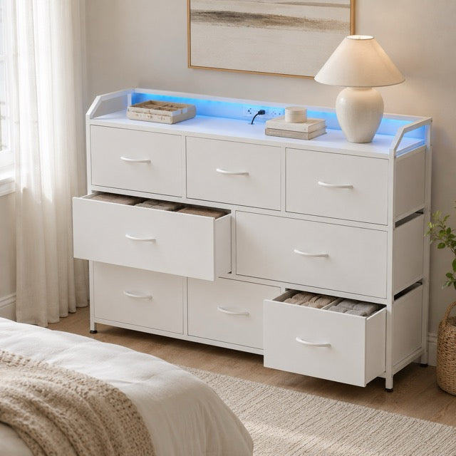 TV Stand with LED Lights & Power Outlets | 8-Drawer Fabric Storage Cabinet