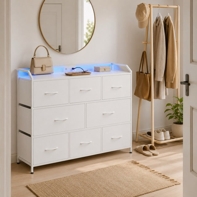 TV Stand with LED Lights & Power Outlets | 8-Drawer Fabric Storage Cabinet