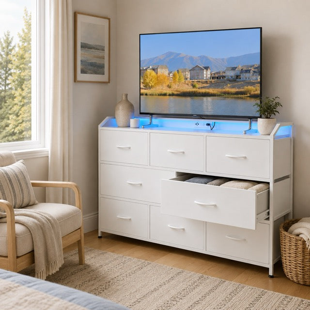 TV Stand with LED Lights & Power Outlets | 8-Drawer Fabric Storage Cabinet