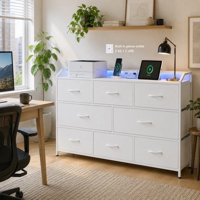 TV Stand with LED Lights & Power Outlets | 8-Drawer Fabric Storage Cabinet