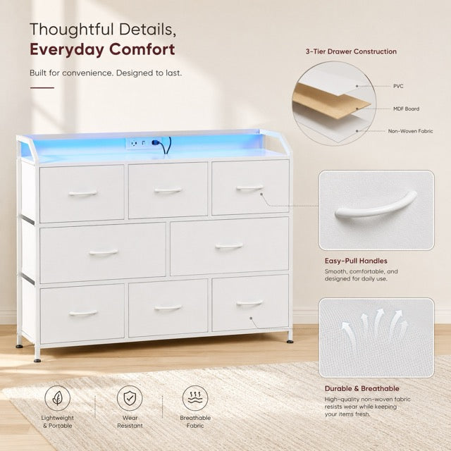 TV Stand with LED Lights & Power Outlets | 8-Drawer Fabric Storage Cabinet