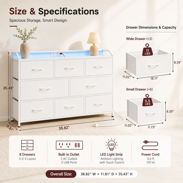 TV Stand with LED Lights & Power Outlets | 8-Drawer Fabric Storage Cabinet