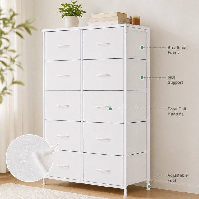 10 Drawer Tall Fabric Dresser for Bedroom & Closet