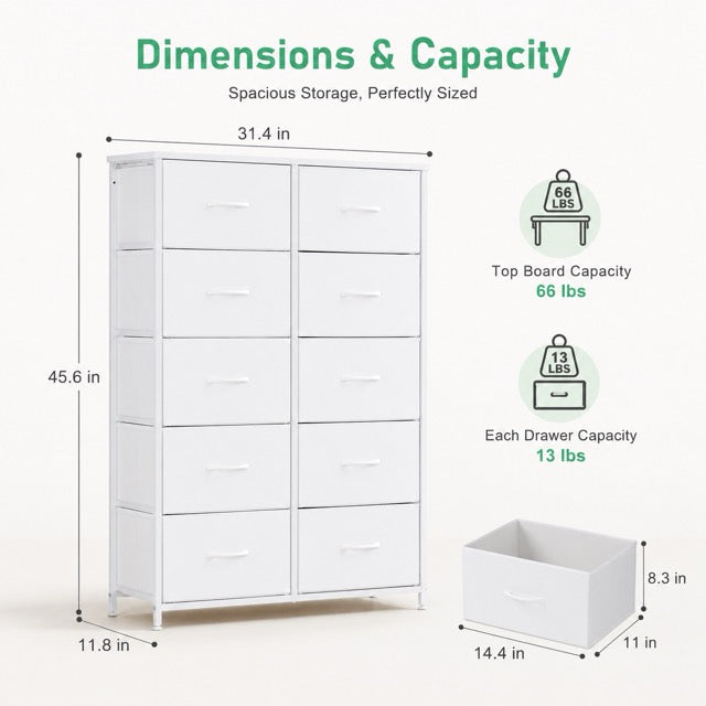 10 Drawer Tall Fabric Dresser for Bedroom & Closet