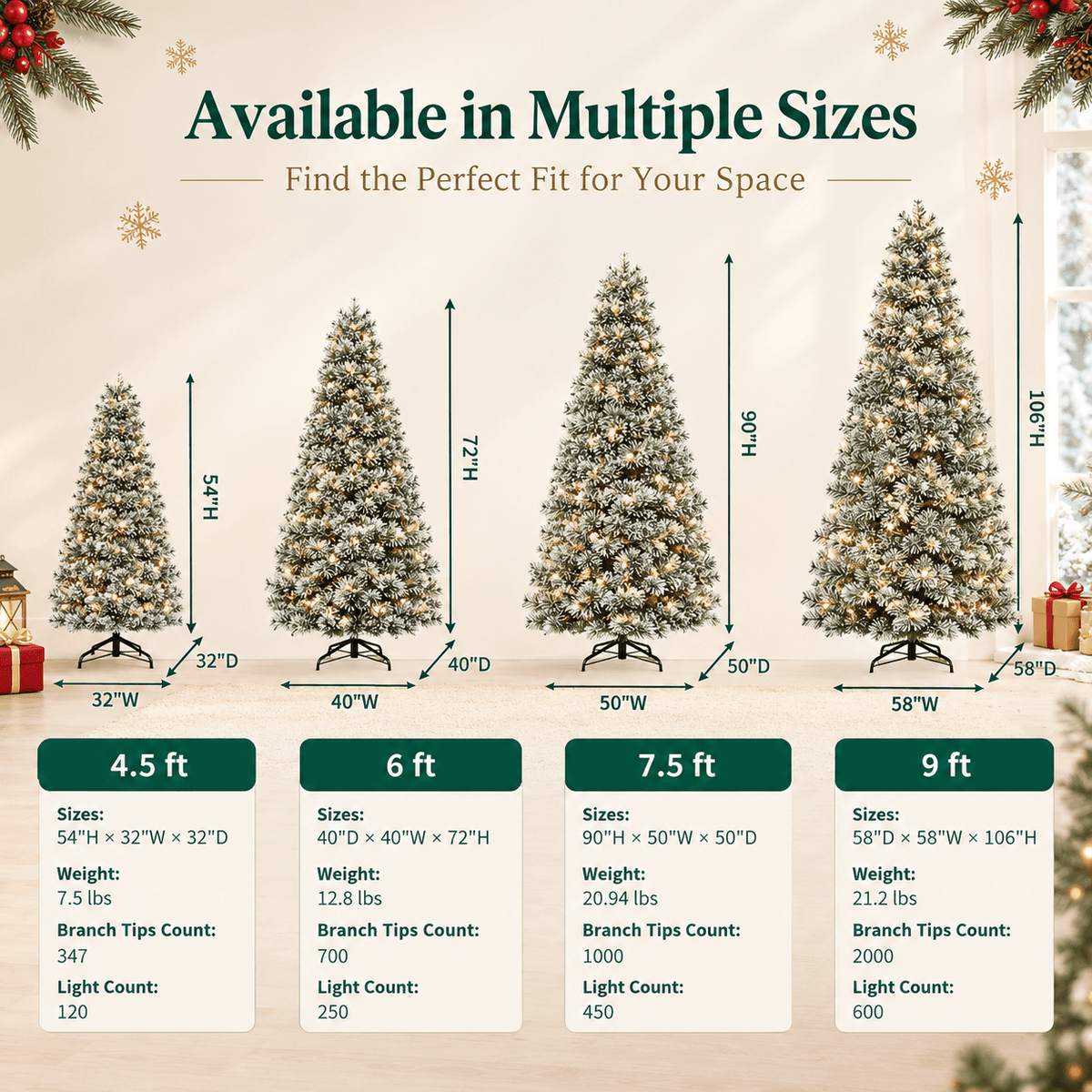 Pre-Lit Artificial Christmas Tree with Warm White Lights – 4.5 ft to 9 ft