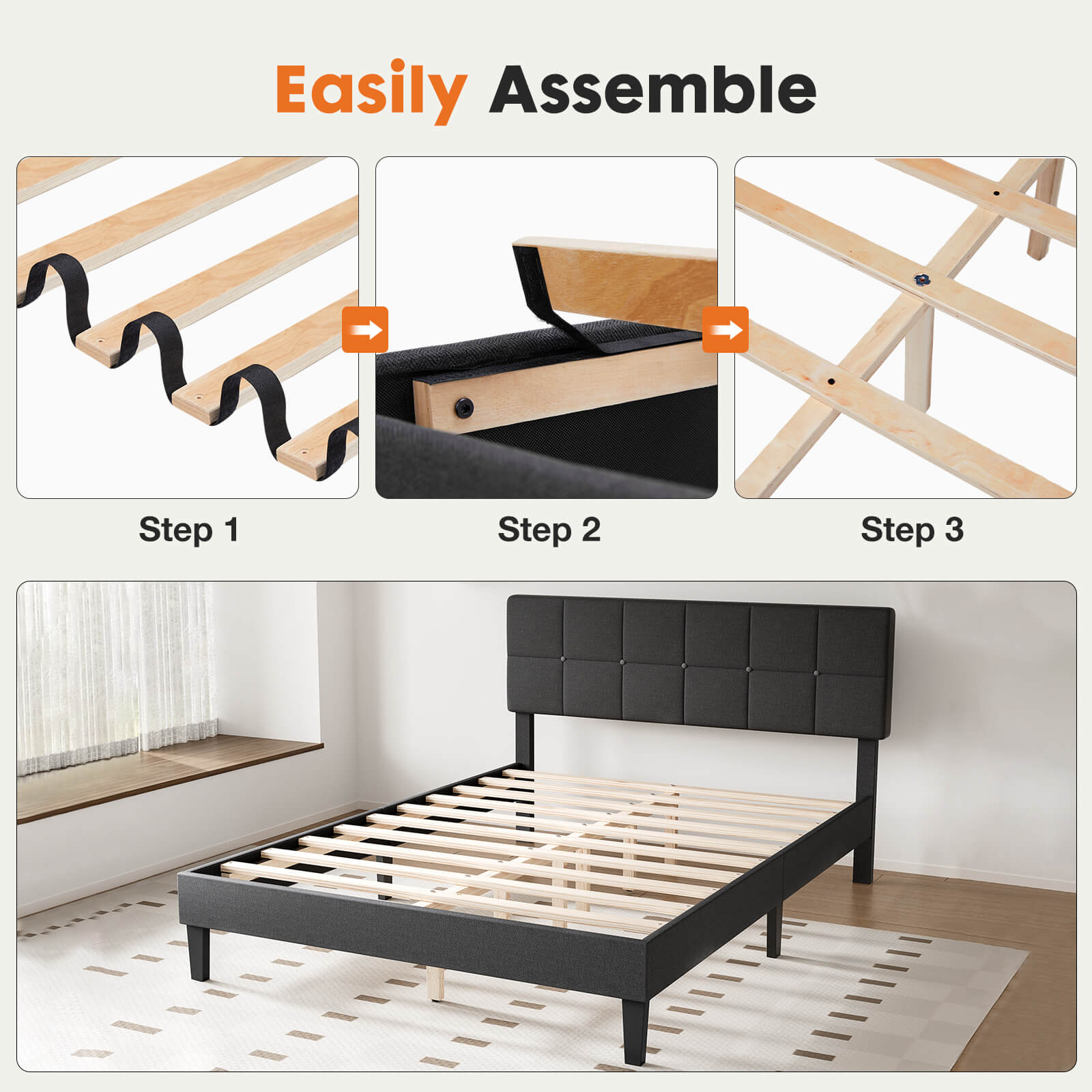 Upholstered Linen Bed Frame with Headboard