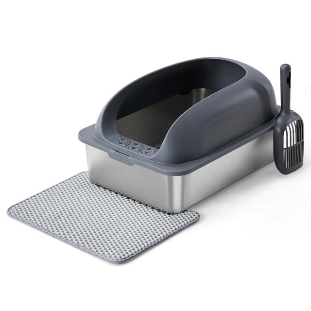 Large Stainless Steel Cat Litter Box with Lid, Scoop & Mat Included