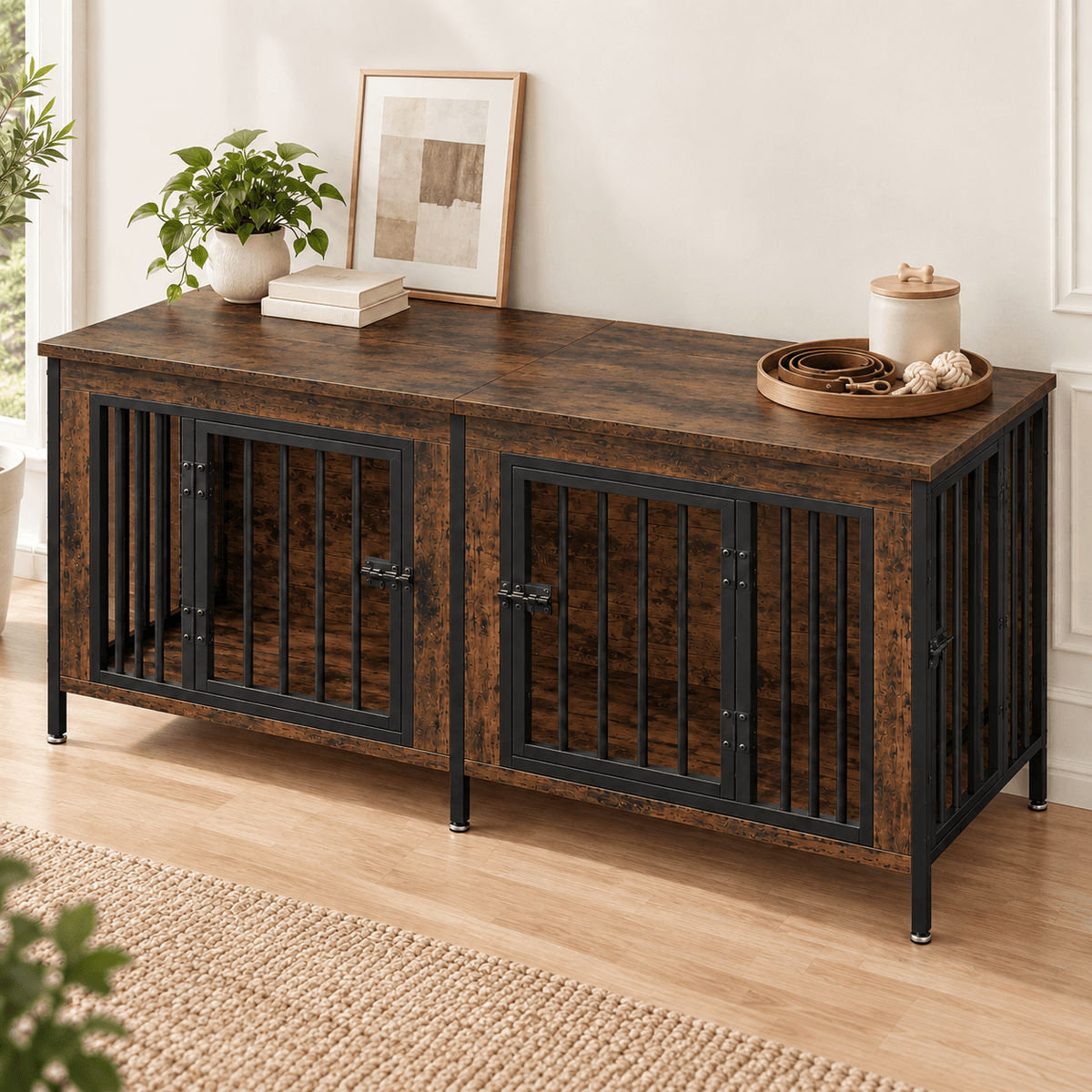 Heavy Duty Double Dog Crate with Divider for 2 Dogs | Indoor Wooden Dog Kennel TV Stand & End Table