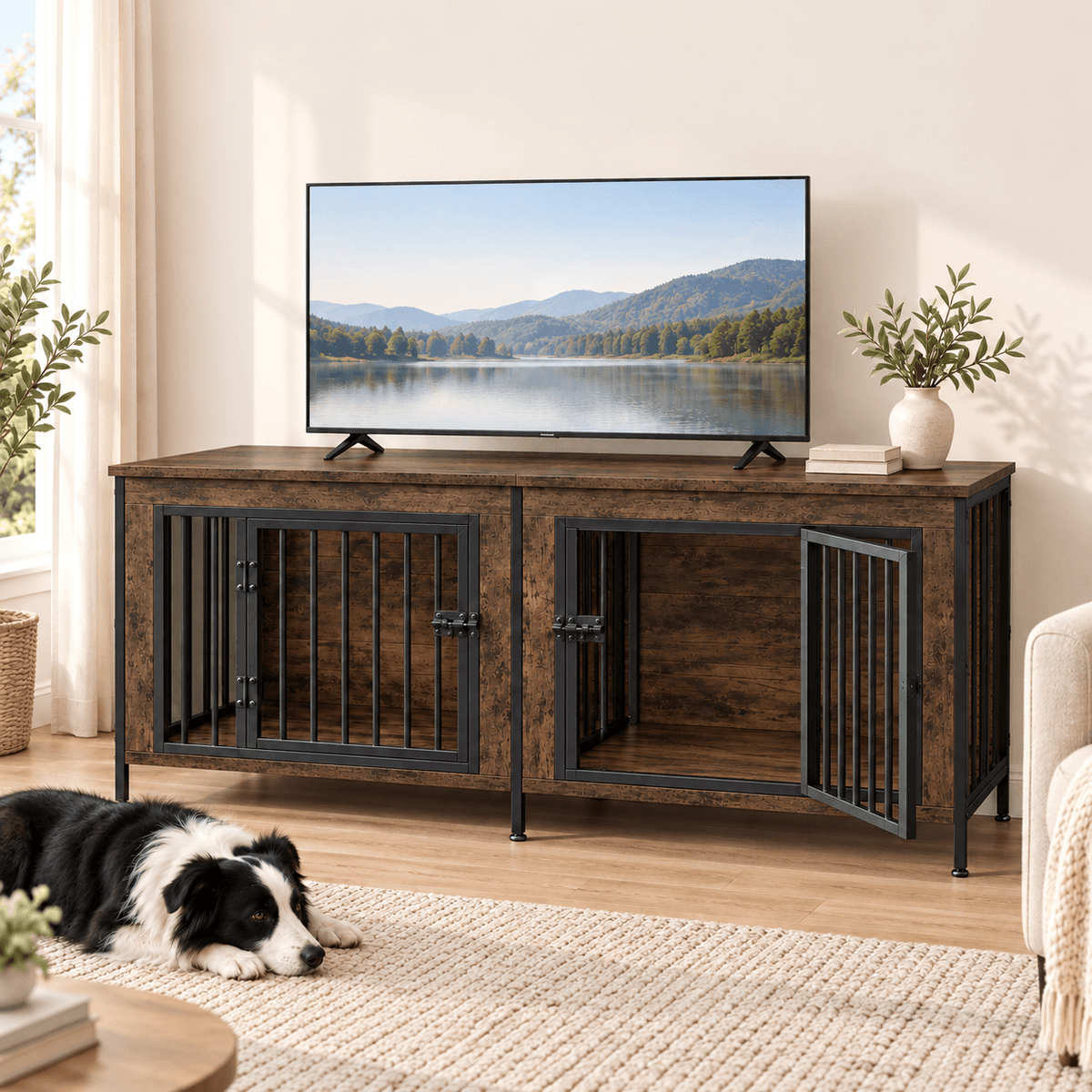 Heavy Duty Double Dog Crate with Divider for 2 Dogs | Indoor Wooden Dog Kennel TV Stand & End Table