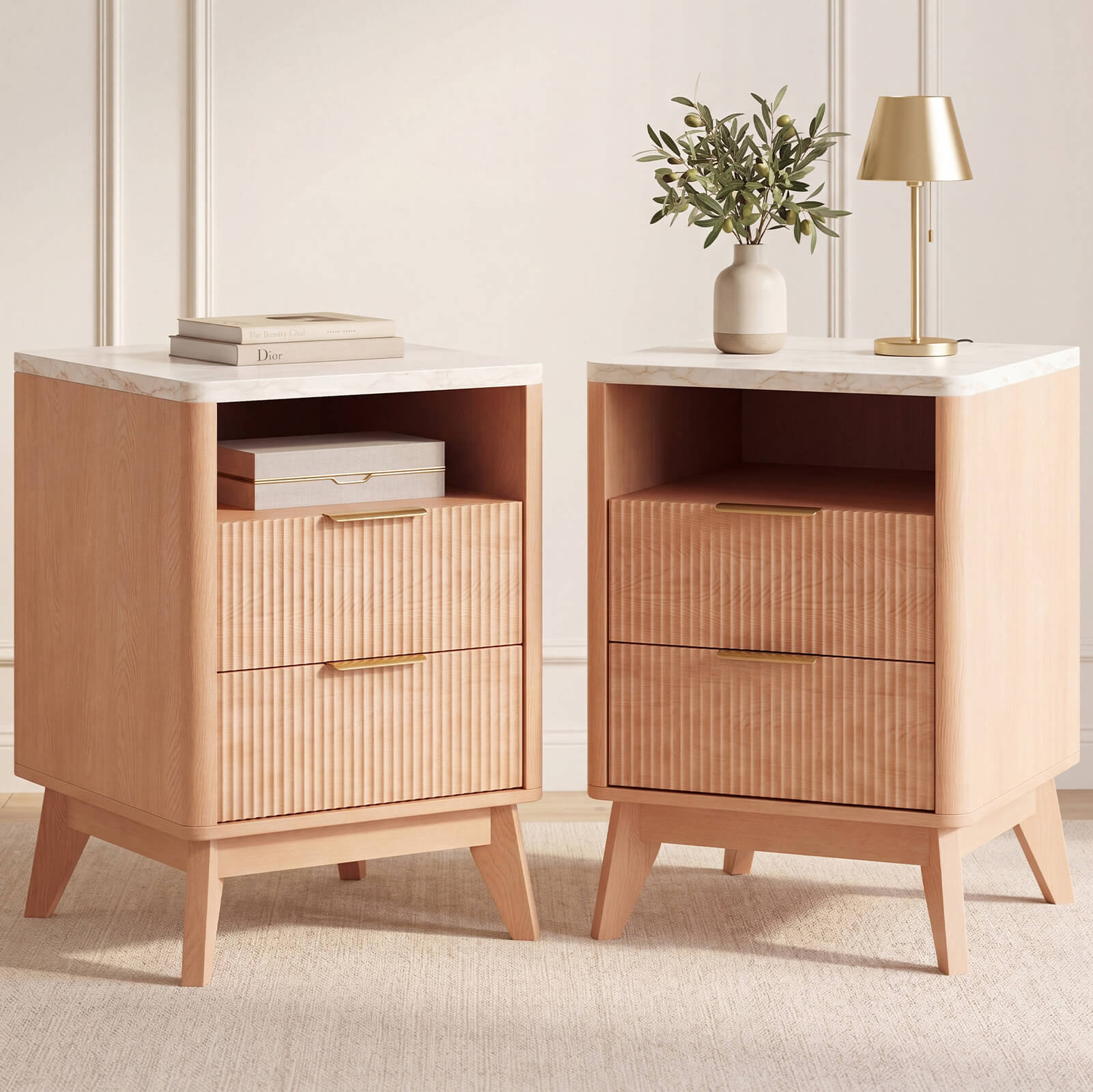 Fluted Nightstand with Charging Station, 2 AC Outlets & USB Ports, Mid-Century Bedside Table with 2 Drawers