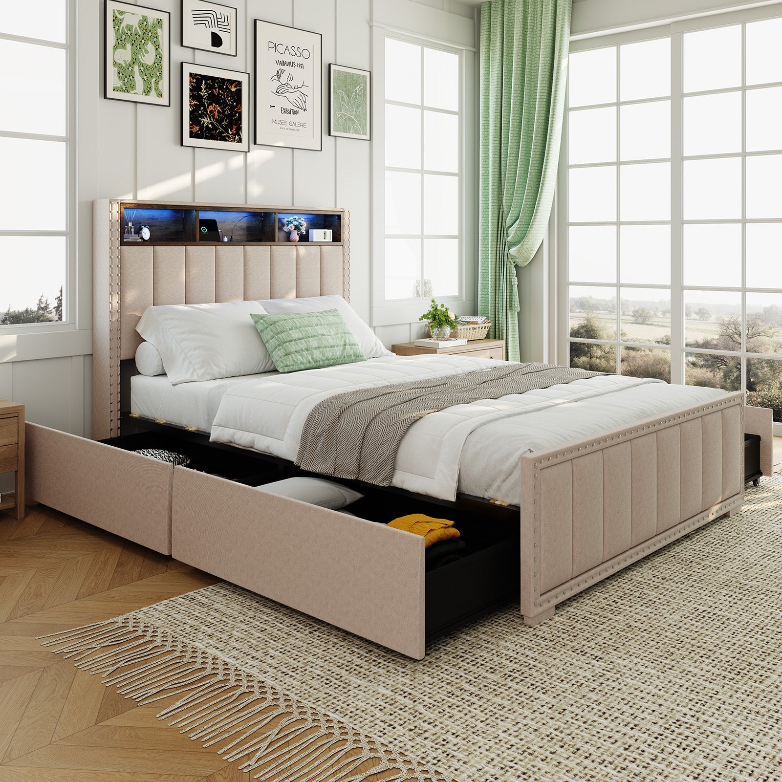 Upholstered Storage Bed Frame with Power Outlets