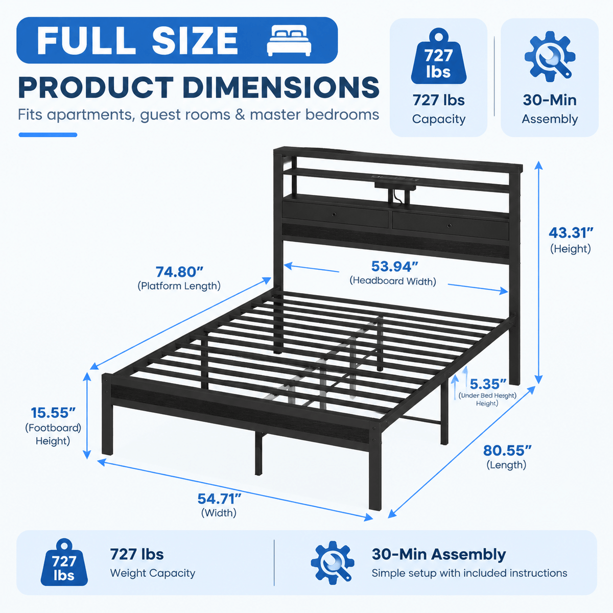 Platform Bed Frame with LED Lights, Charging Station & Storage Drawers – Twin, Full, Queen & King