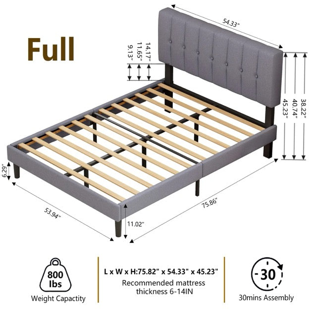 Fabric Upholstered Platform Bed Adjustable Headboard