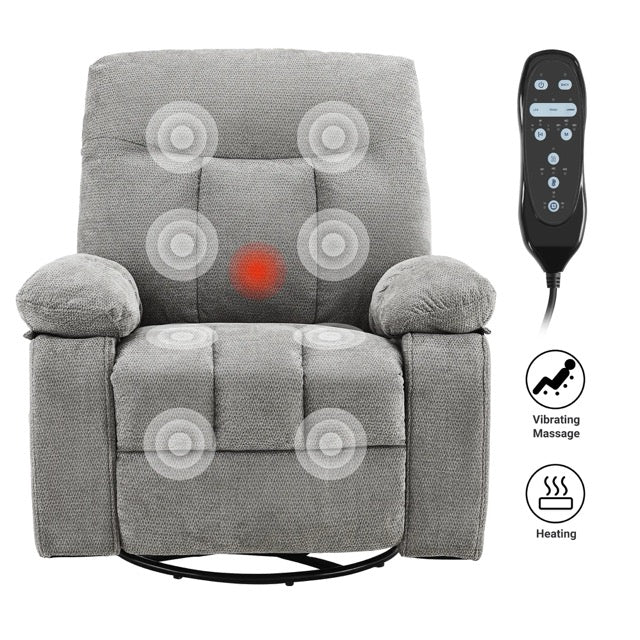 Chenille Swivel Rocker Recliner Chair with Heat, 8-Motor Vibration Massage & Manual Footrest