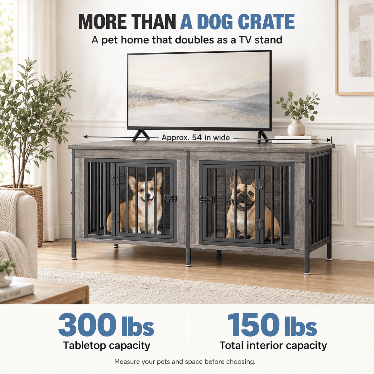 Heavy Duty Double Dog Crate with Divider for 2 Dogs | Indoor Wooden Dog Kennel TV Stand & End Table