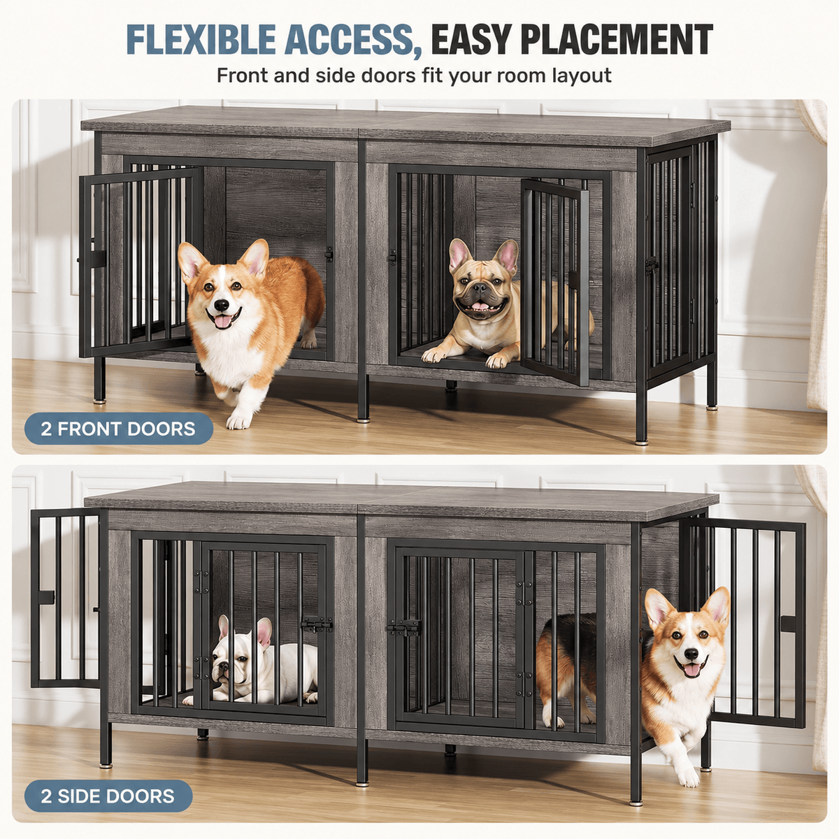 Heavy Duty Double Dog Crate with Divider for 2 Dogs | Indoor Wooden Dog Kennel TV Stand & End Table