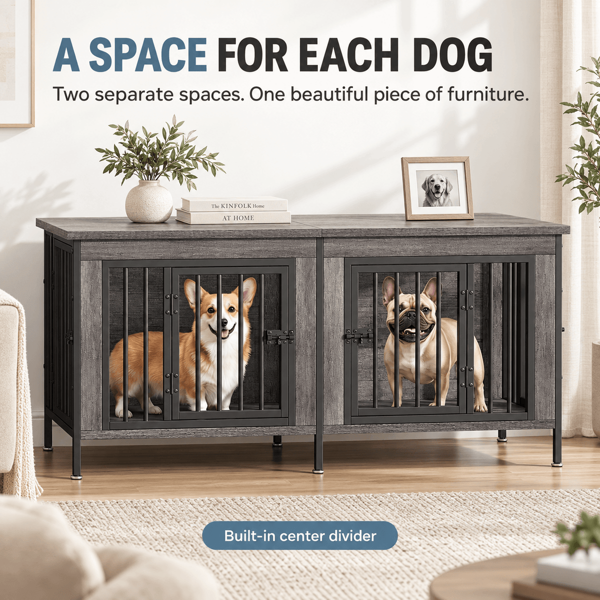 Heavy Duty Double Dog Crate with Divider for 2 Dogs | Indoor Wooden Dog Kennel TV Stand & End Table