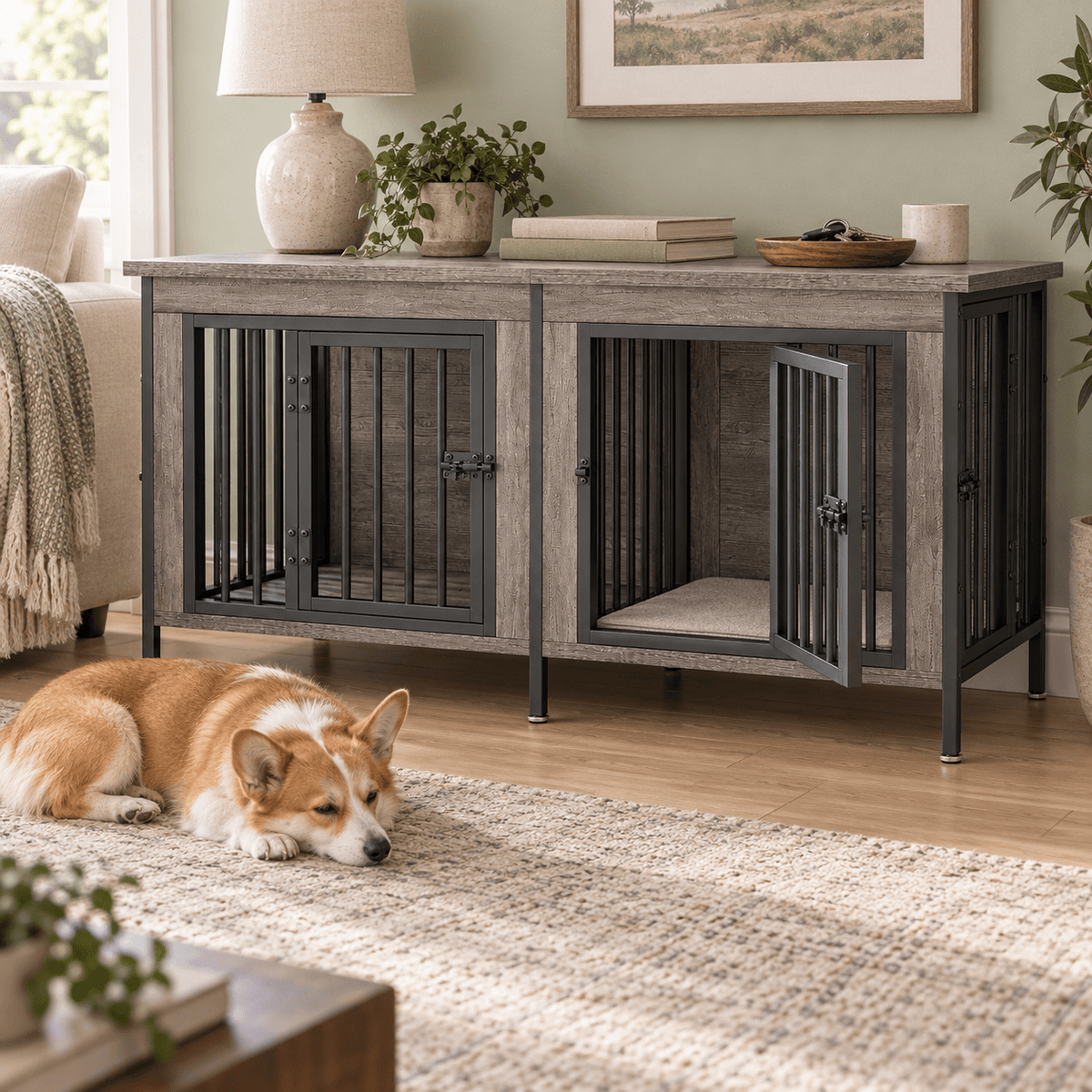 Heavy Duty Double Dog Crate with Divider for 2 Dogs | Indoor Wooden Dog Kennel TV Stand & End Table