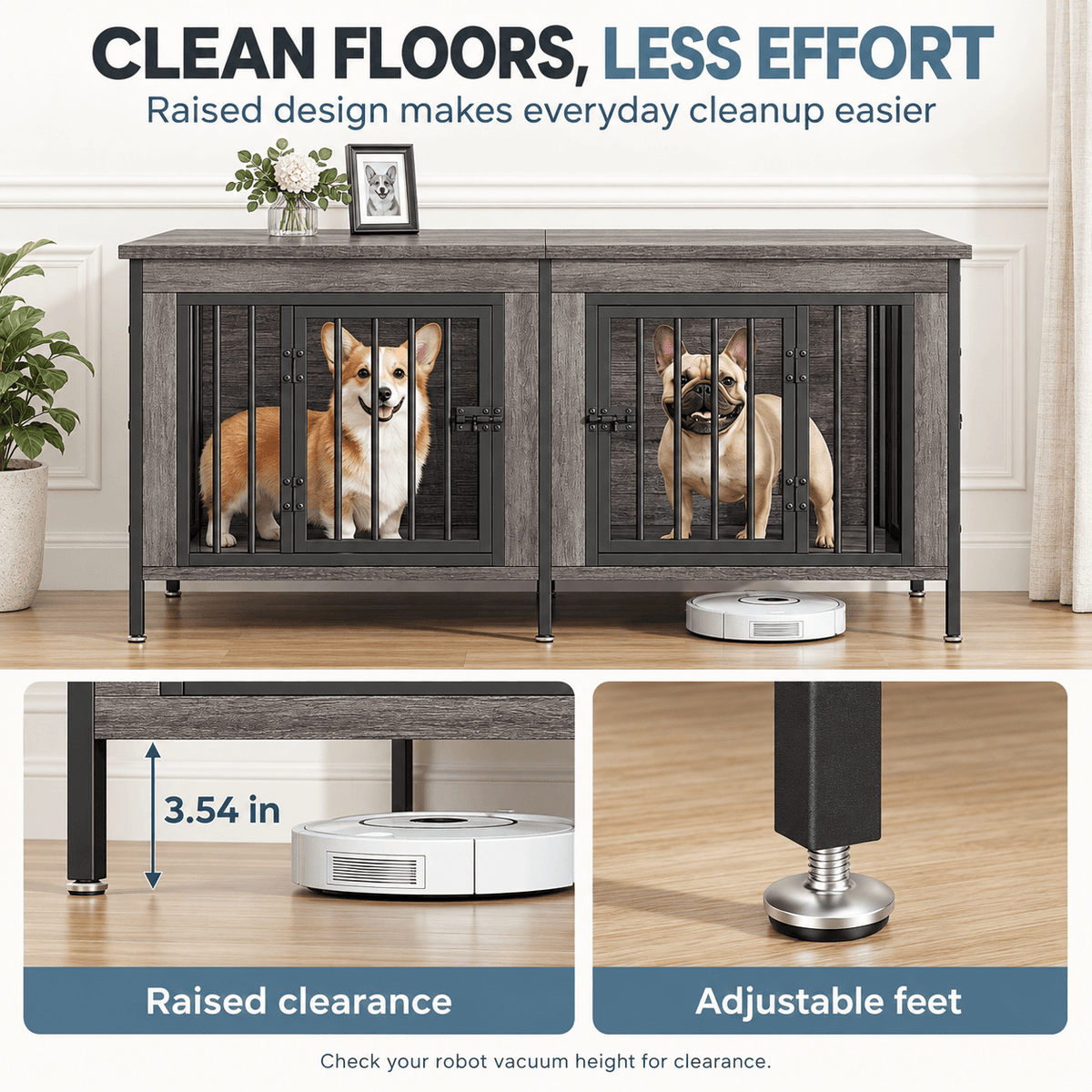 Heavy Duty Double Dog Crate with Divider for 2 Dogs | Indoor Wooden Dog Kennel TV Stand & End Table