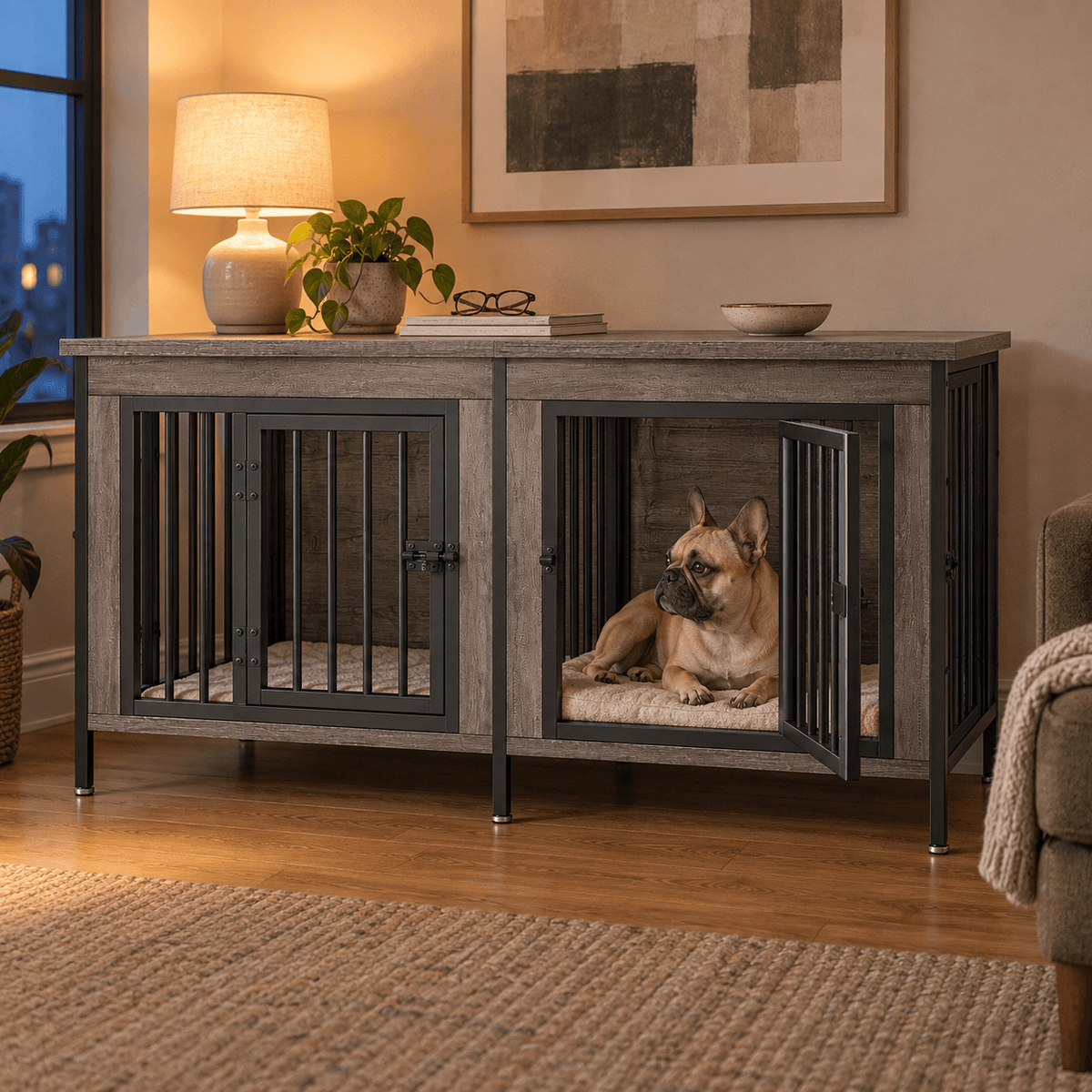 Heavy Duty Double Dog Crate with Divider for 2 Dogs | Indoor Wooden Dog Kennel TV Stand & End Table