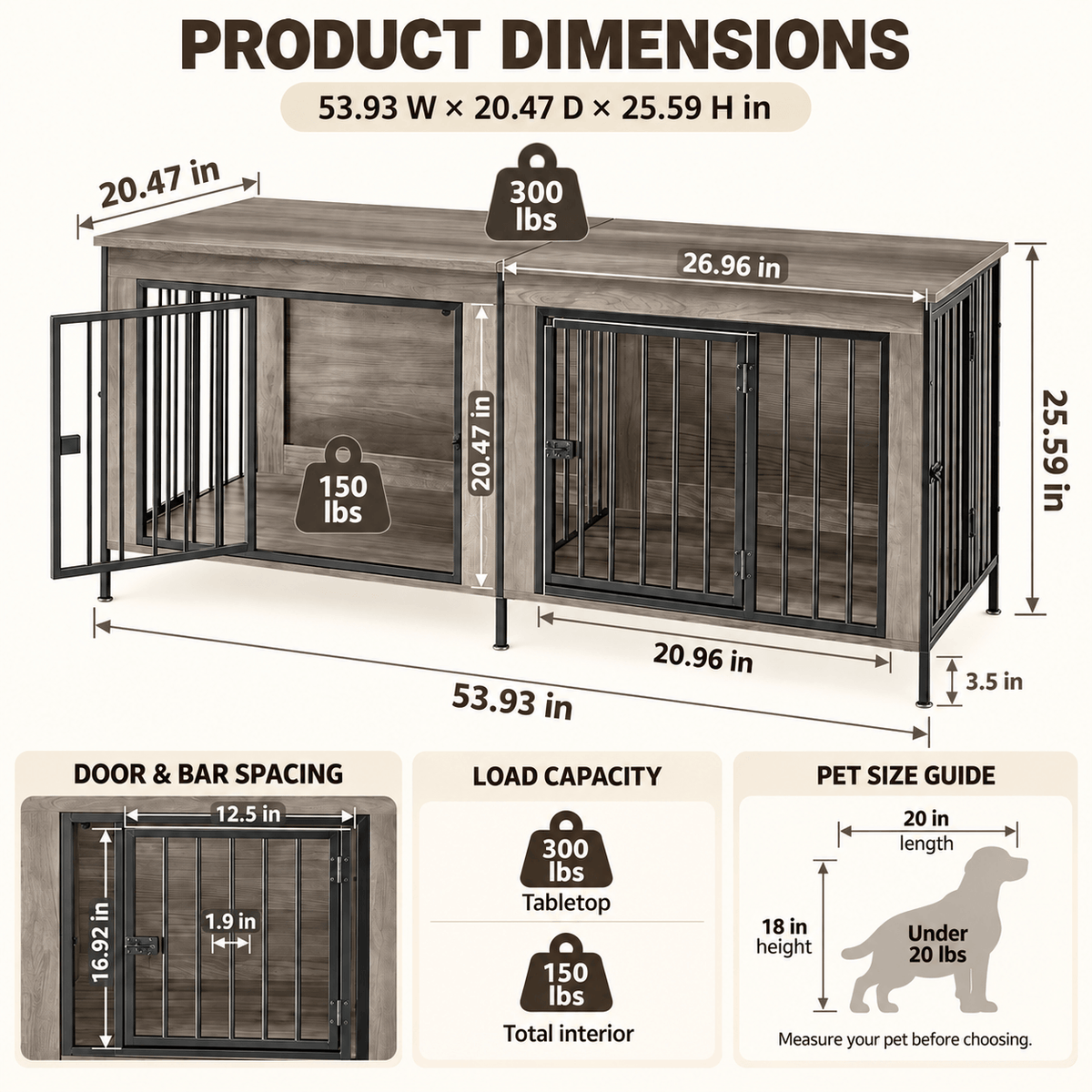Heavy Duty Double Dog Crate with Divider for 2 Dogs | Indoor Wooden Dog Kennel TV Stand & End Table