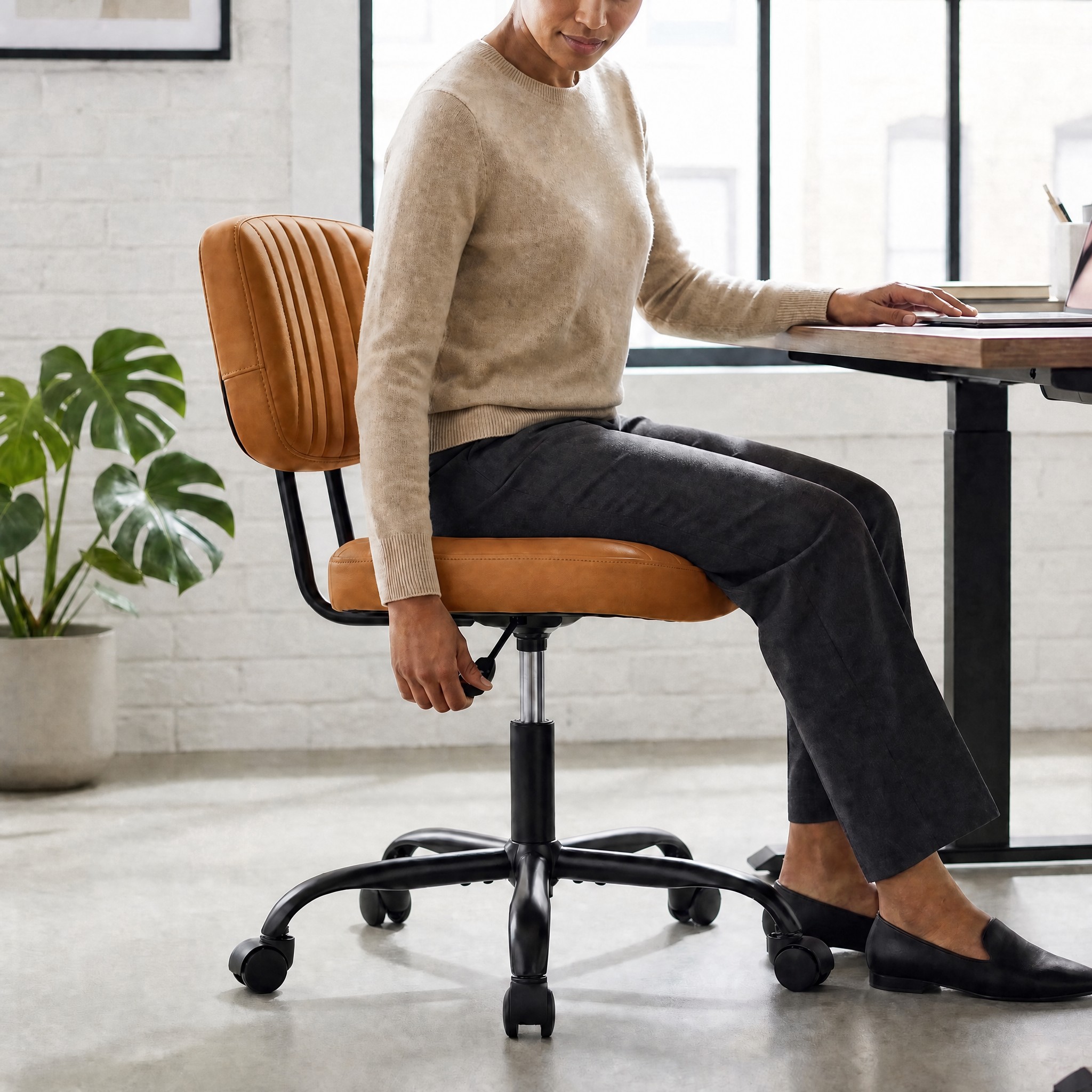 Armless Swivel PU Leather Office Chair