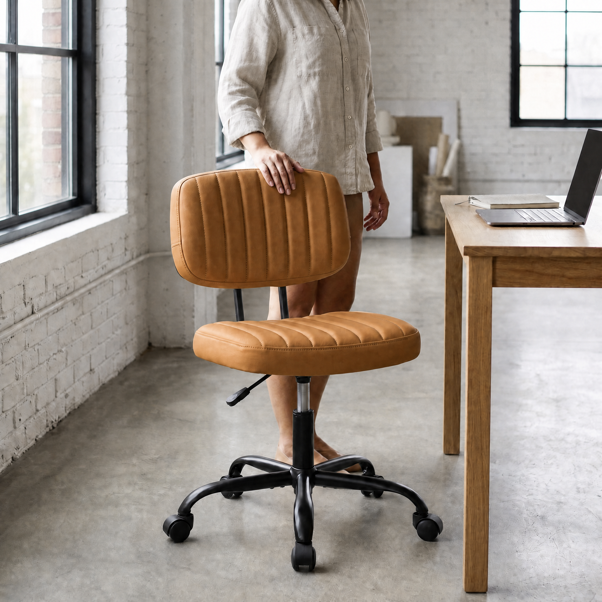 Armless Swivel PU Leather Office Chair