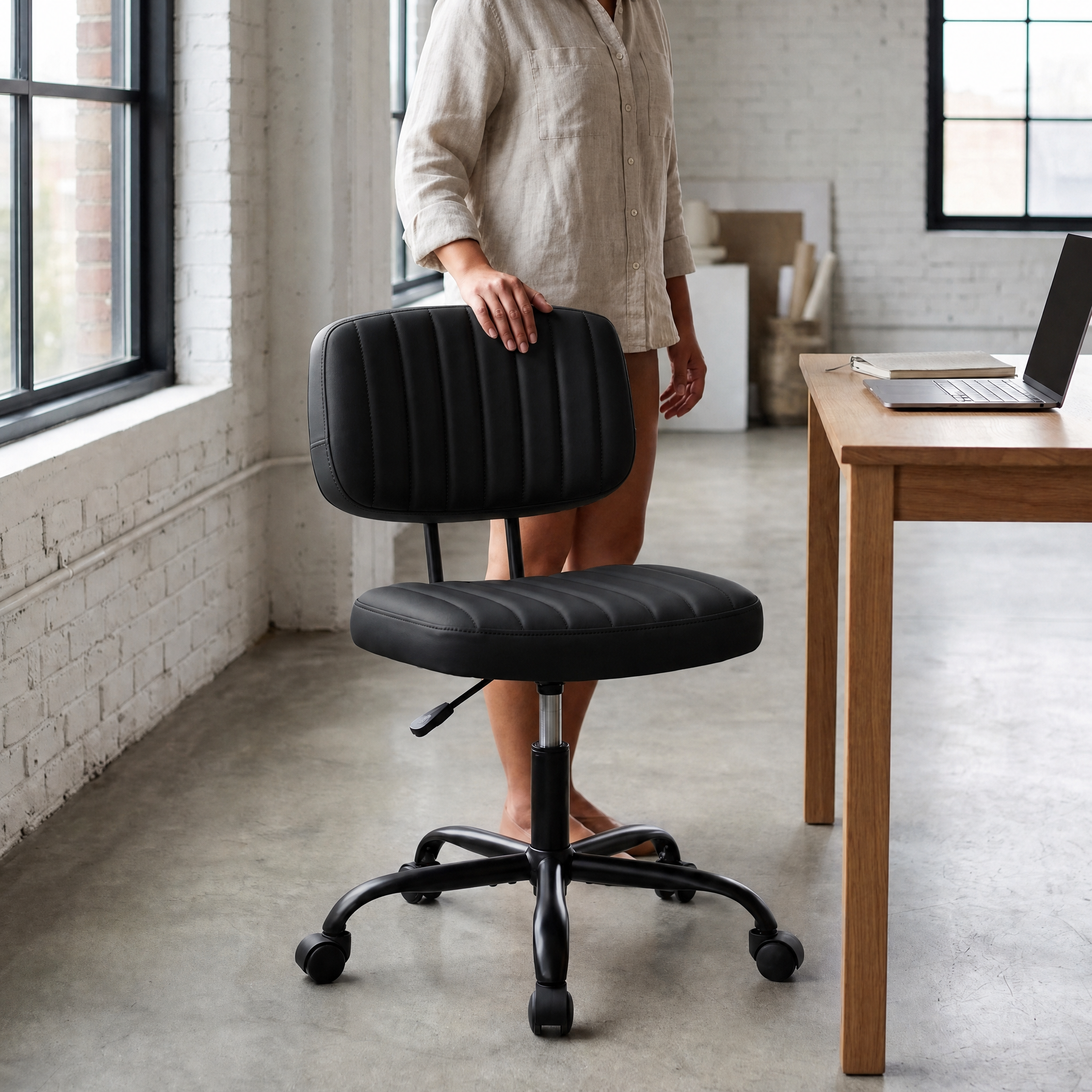 Armless Swivel PU Leather Office Chair