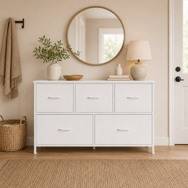 5 Drawer Fabric Dresser with Wood Top for Bedroom