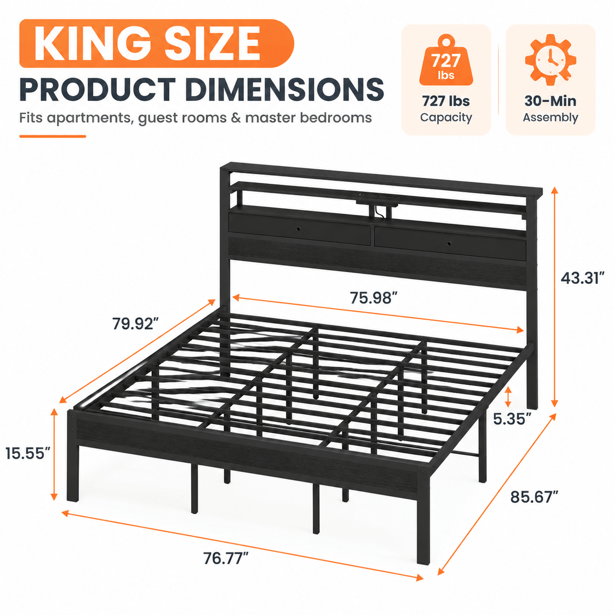 Platform Bed Frame with LED Lights, Charging Station & Storage Drawers – Twin, Full, Queen & King