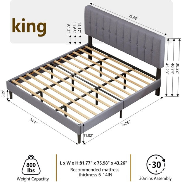 Fabric Upholstered Platform Bed Adjustable Headboard