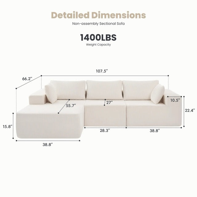108" Modular L-Shaped Sofa with Chaise Lounge – Upholstered Boneless Sectional Sofa Bed