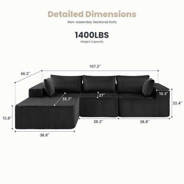 108" Modular L-Shaped Sofa with Chaise Lounge – Upholstered Boneless Sectional Sofa Bed