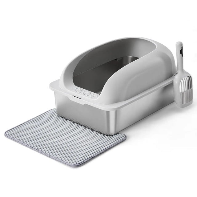 Large Stainless Steel Cat Litter Box with Lid, Scoop & Mat Included
