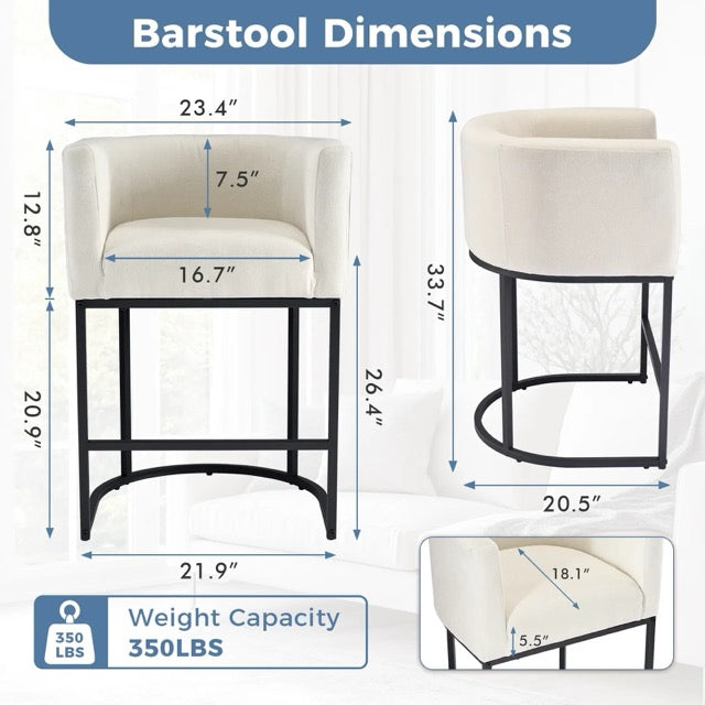 Barrel-Back Bar Chairs with Linen Seat | Mid-Height Island Stools with Metal Sled Base & Footrest