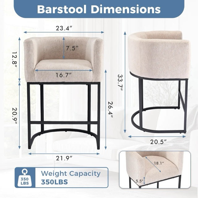 Barrel-Back Bar Chairs with Linen Seat | Mid-Height Island Stools with Metal Sled Base & Footrest