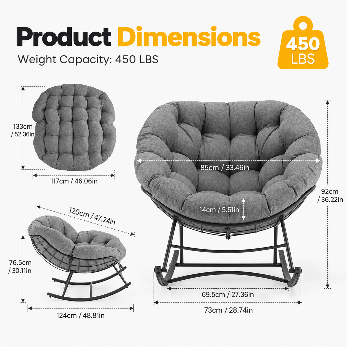 Oversized Rocking Egg Lounge Chair with Cushion, for Patio, Garden, Living Room