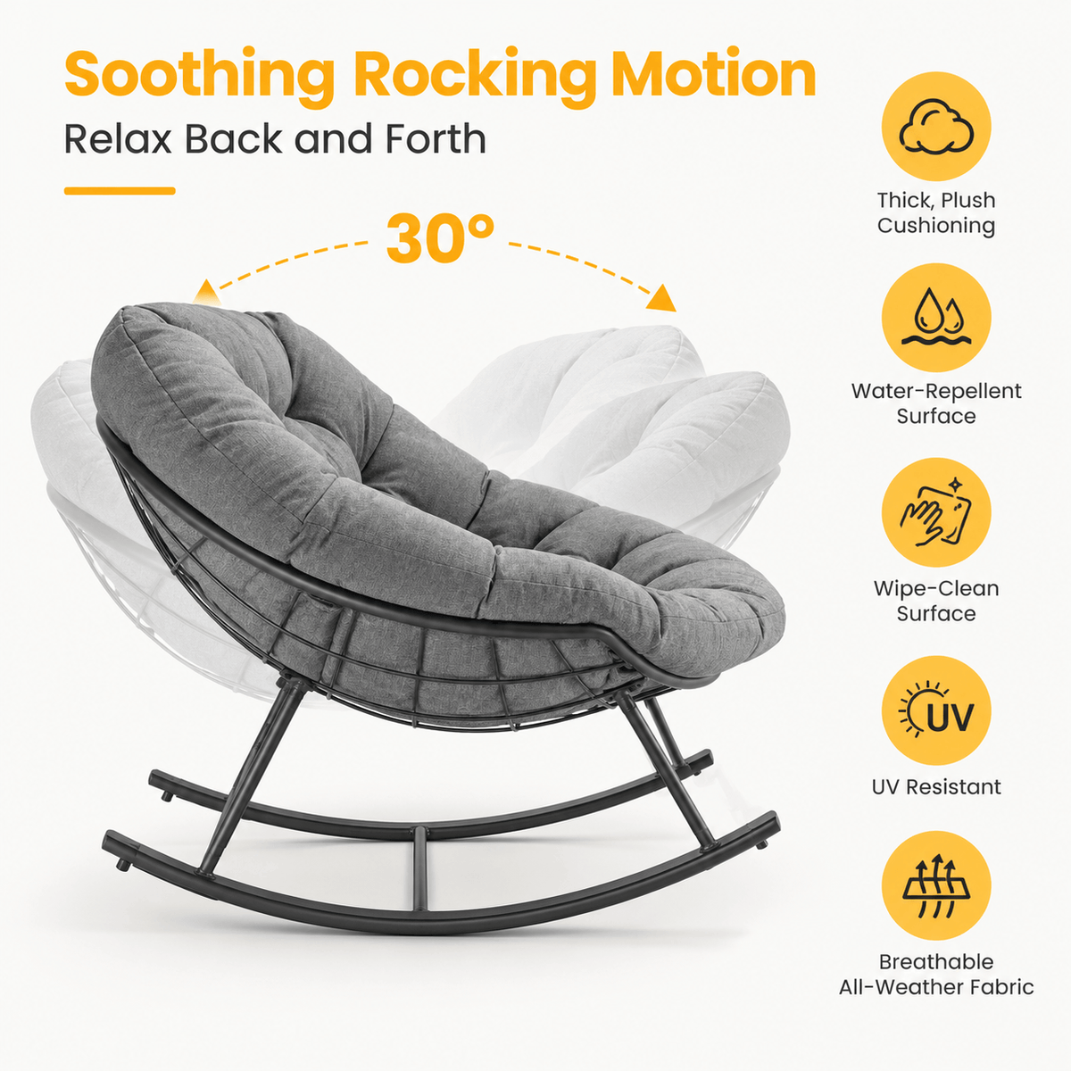 Oversized Rocking Egg Lounge Chair with Cushion, for Patio, Garden, Living Room