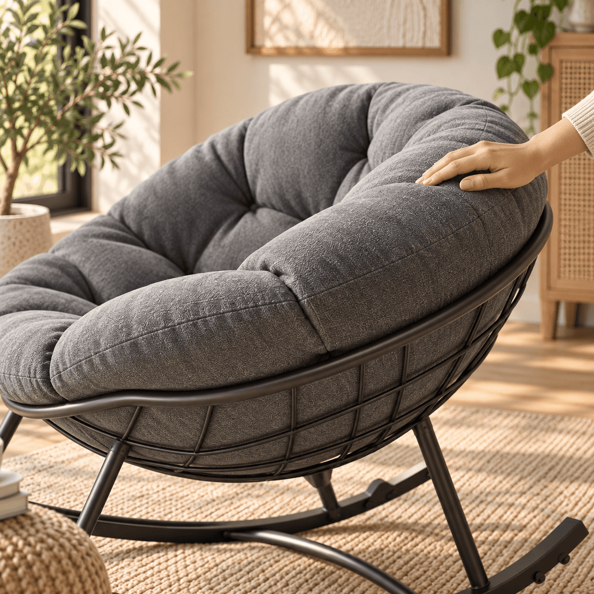 Oversized Rocking Egg Lounge Chair with Cushion, for Patio, Garden, Living Room