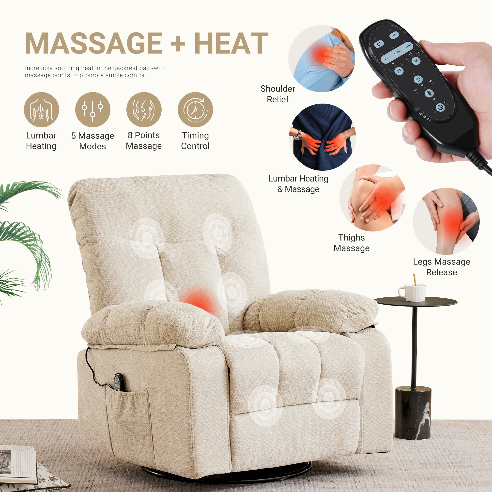 Chenille Swivel Rocker Massage Recliner Chair