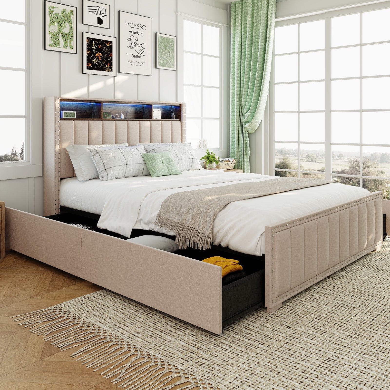 Upholstered Storage Bed Frame with Power Outlets