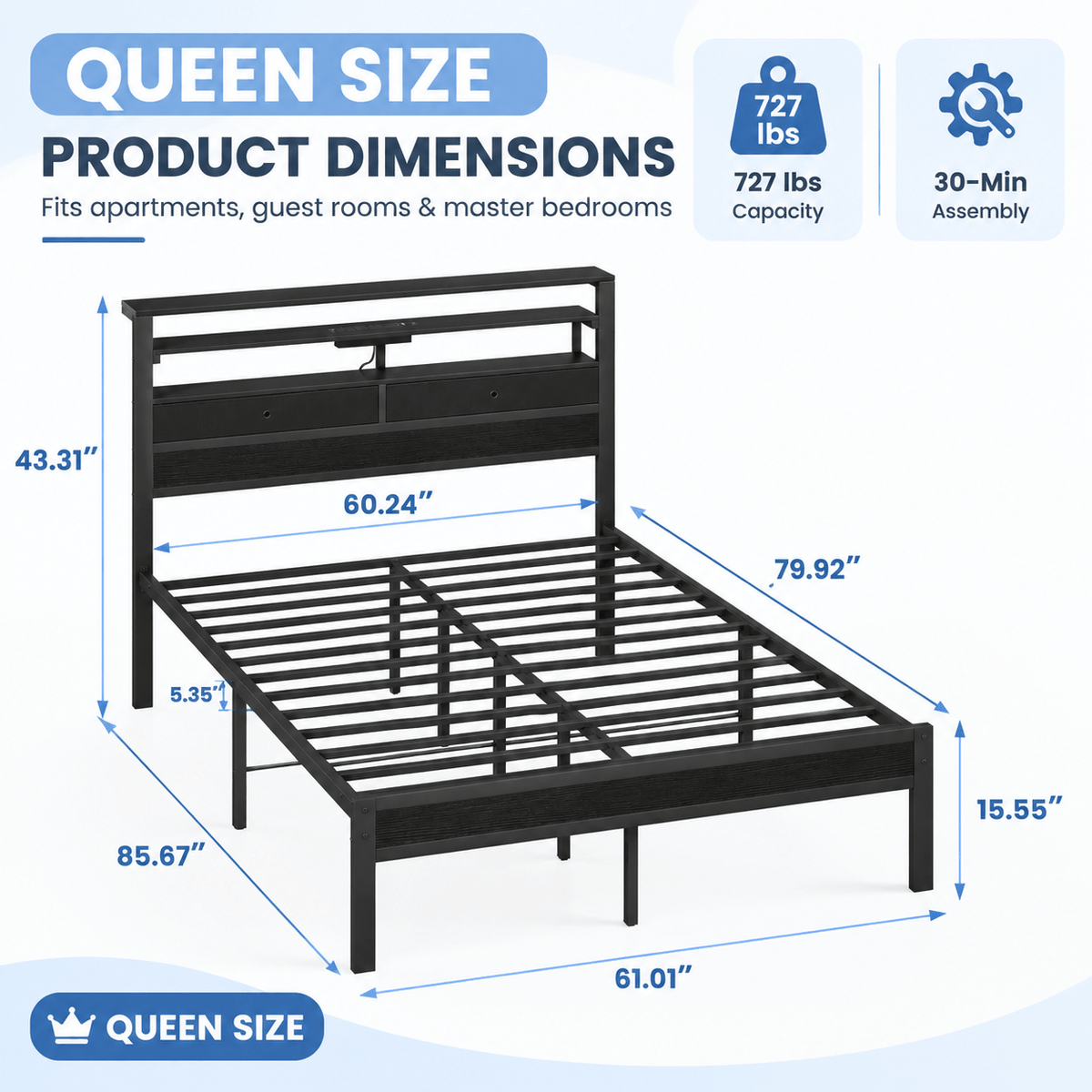 Platform Bed Frame with LED Lights, Charging Station & Storage Drawers – Twin, Full, Queen & King