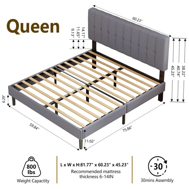 Fabric Upholstered Platform Bed Adjustable Headboard