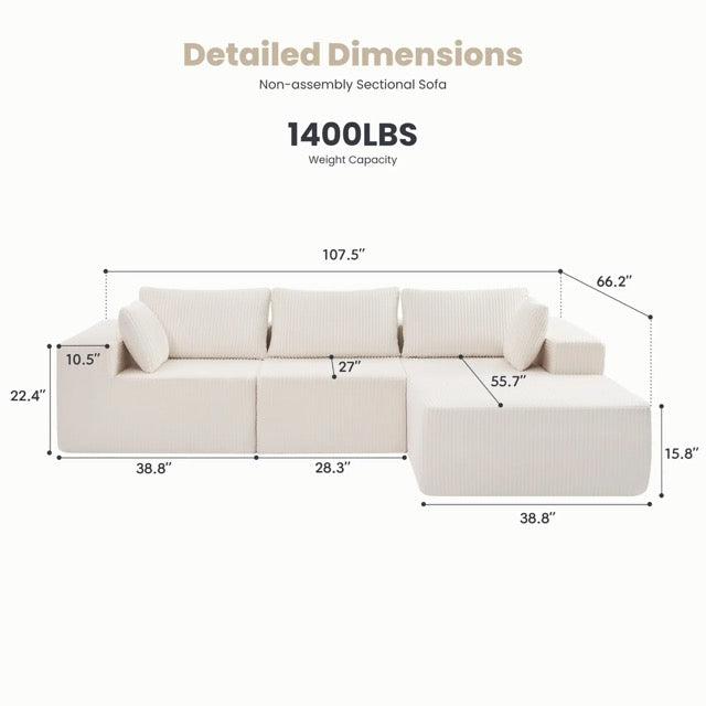 108" Modular L-Shaped Sofa with Chaise Lounge – Upholstered Boneless Sectional Sofa Bed