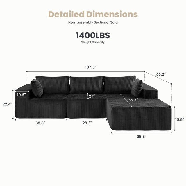 108" Modular L-Shaped Sofa with Chaise Lounge – Upholstered Boneless Sectional Sofa Bed
